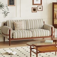 实木沙发美式复古小户型客厅直排三人位樱桃木中古可拆洗布艺沙发