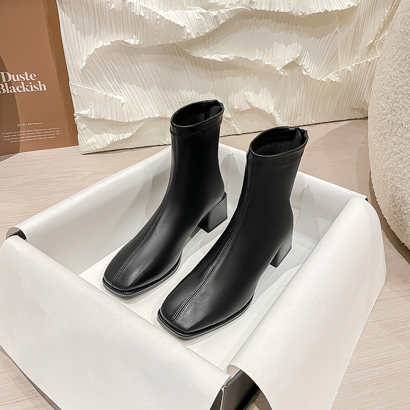 Courtes en cuir véritable pour femmes, nouvelle botte française haute et fine, tête carrée épaisse, printemps et automne 2024_voghion.com