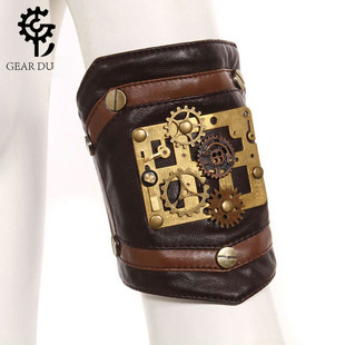 Halloween steampunk COSPLAY anime game PU leather color matching arm set stage performance costume gloves_voghion.com