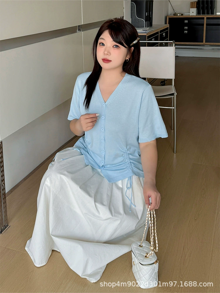 knitted Summer T-shirt Cardigan, plus size V-neck with drawstring, short sleeve