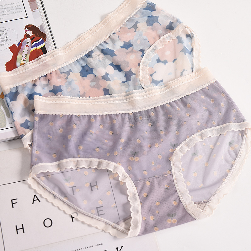 印花全蕾丝网纱内裤女士低腰夏季薄潮性感时尚透明少女碎花三角裤