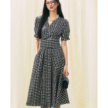 【盛都】25夏新法式复古100%棉黑白格波点印花泡泡袖减龄长连衣裙