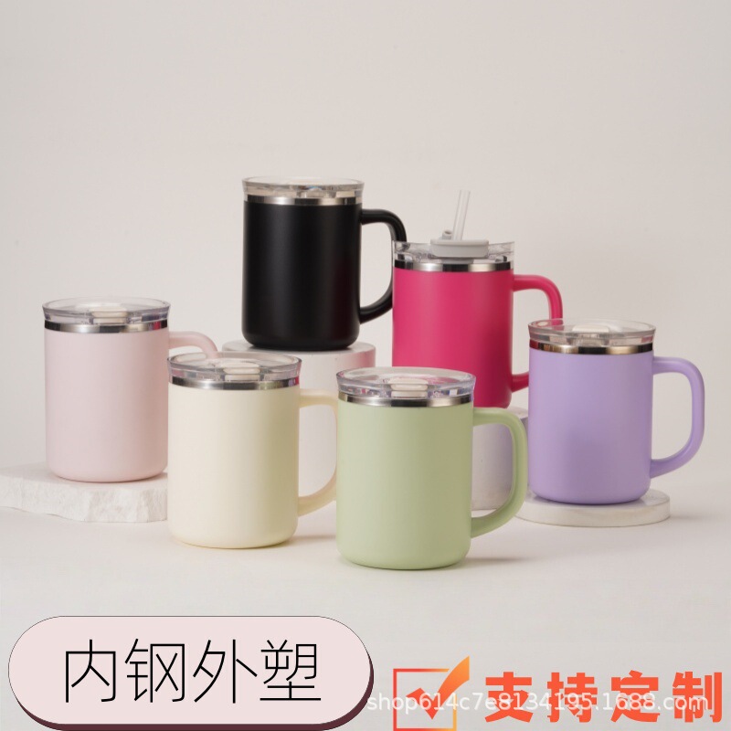 304 Stainless Steel Mug 16oz Water Cup Student Thermos Cup Office Coffee Cup Handle Cup with Steel Interior and Plastic Exterior