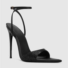跨境欧美时装凉鞋尖头细跟黑色水钻搭扣罗马女鞋sandals women