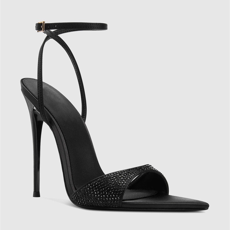 跨境欧美时装凉鞋尖头细跟黑色水钻搭扣罗马女鞋sandals women