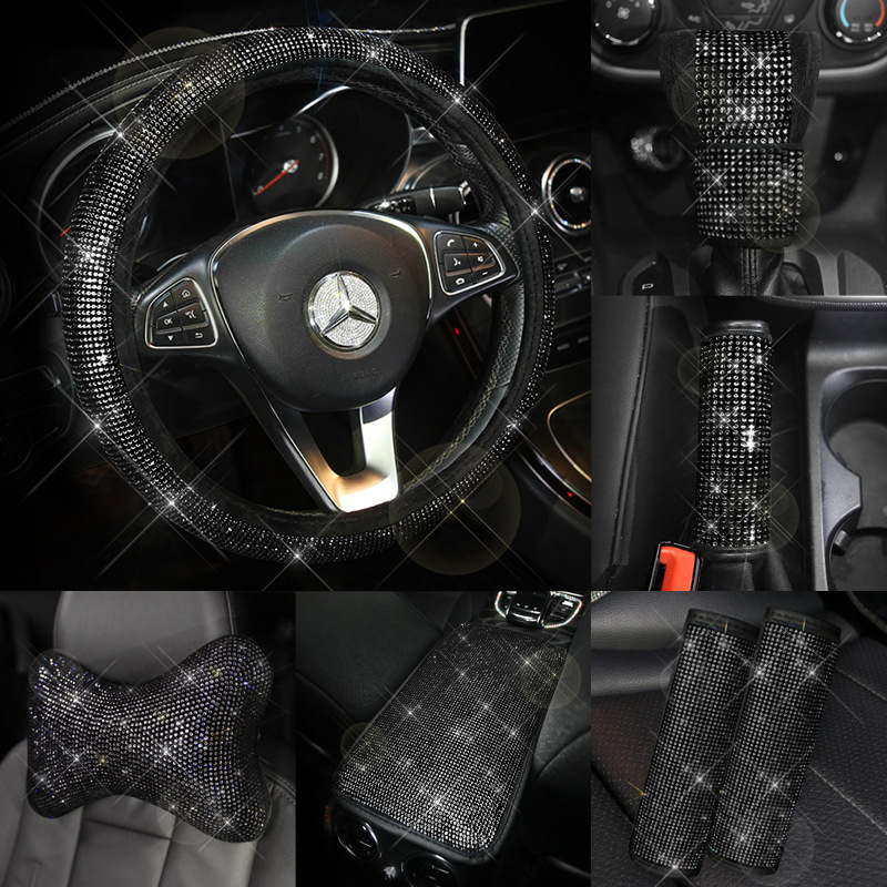 Coche negro rhinestone cubierta del engranaje del freno de mano diamante incrustado cubierta de la manija diamante completo cinturón de seguridad hombro cubierta protectora cubierta del volante reposacabezas