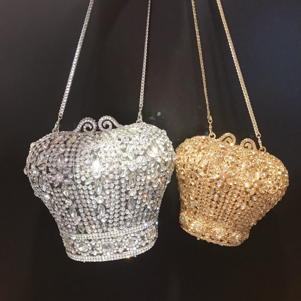 Bolsa de cena de diamantes de forma de corona, bolsa de caja metálica, bolso de mano de banquete de diamantes, bolso de mano de cadena de mujer