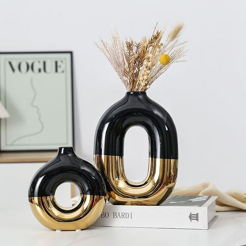 Cross-border light luxury modern wind power plated ceramic vase, high-end artistic creative floral arrangement ceramic craft, decorative item