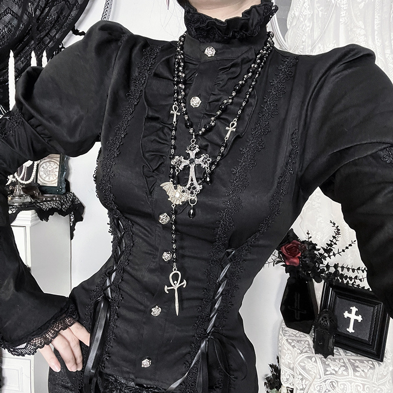Xs25219 Autumn New Lolita Shirt Top Subculture Dark Style Flared Sleeve Slim Fit Versatile Shirt Xs25219 Autumn New Lolita Shirt Top Subculture Dark Style Flared Sleeve Slim Fit Versatile Shirt