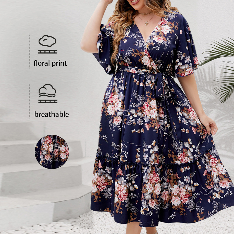 Independent Development of European and American Foreign Trade Amazon AliExpress Explosions Summer V Collar Xizang Blue Printing plus size dress