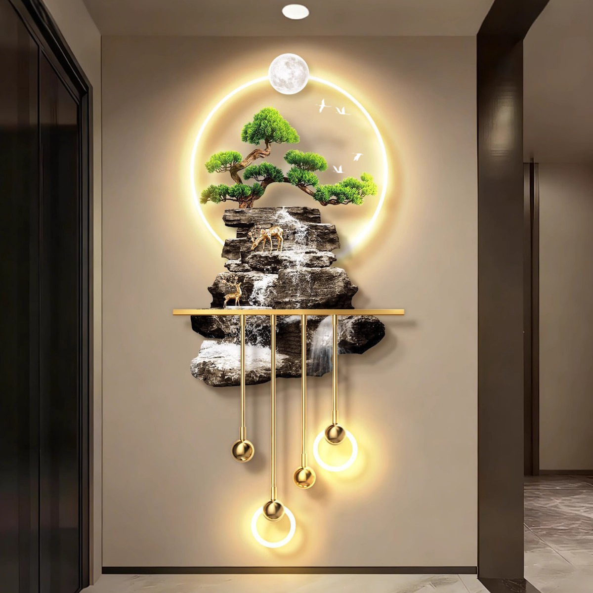 Liushui Shengcai puerta de entrada 2026 nuevo estilo de sala de estar frente a mural pasillo con lámpara colgar pintura