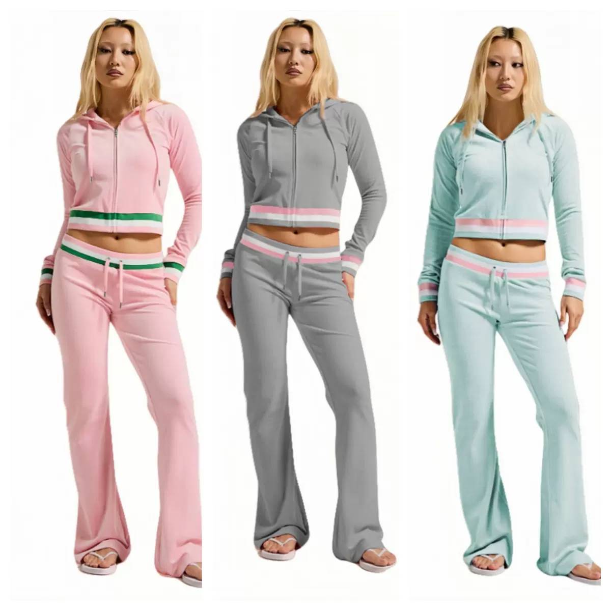 YM025欧美女装 亚马逊新款时尚休闲螺纹撞色银狐绒开衫连帽两件套