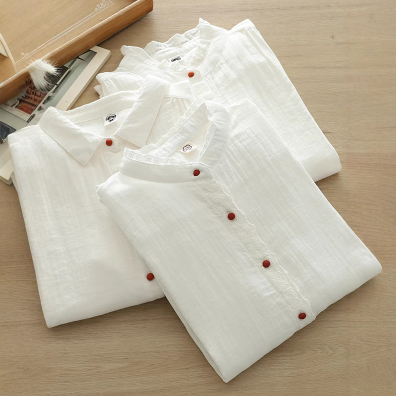 Pure Cotton Stand Collar White Shirt Japanese Style Spring and Autumn New Long-Sleeve Solid Color Base Layer Age-Reducing Layered Shirt for Women Pure Cotton Stand Collar White Shirt Japanese Style Spring and Autumn New Long-Sleeve Solid Color Base Layer Age-Reducing Layered Shirt for Women