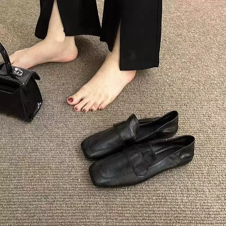 Квадратные ботинки из бобов женские французские ретро нежные плоские туфли повседневные одиночные туфли мягкие туфли с мягким дном педали Lefu маленькие кожаные туфли