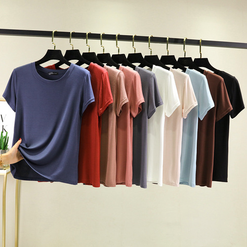 Summer Modal Crew Neck Short Sleeve Basic Women's Top Korean Style Plain Color Simple Large Size Loose Base Shirt