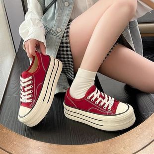 Burgundy Canvas Shoes with Thick Soles and Heightening 2025 New Spring Versatile Casual Layered Women's Shoes Popular Platform Shoes