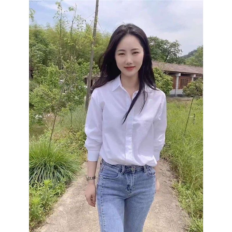 Simple, casual, stylish, and youthful women's spring and autumn basic style loose-fitting, slimming, elegant long-sleeved versatile white shirt