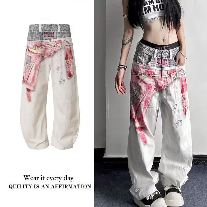 跨境复古美拉德红格子拼接牛仔裤女设计感宽松休闲高腰阔腿裤外贸