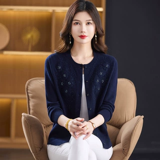 【100%纯羊毛】妈妈毛衣开衫上衣秋冬中老年女厚款针织羊毛衫外套