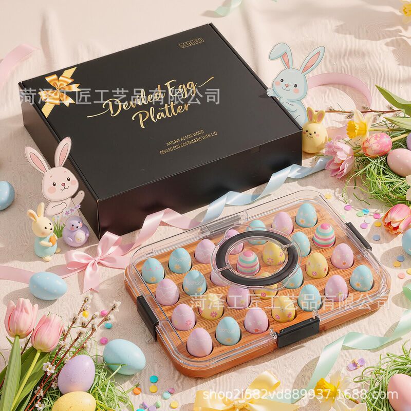 Wooden Deli Egg Tray with Lid, Compartmentalized Snack Plate, Acrylic Transparent Lid Tasting Tray, Devil's Egg Tray