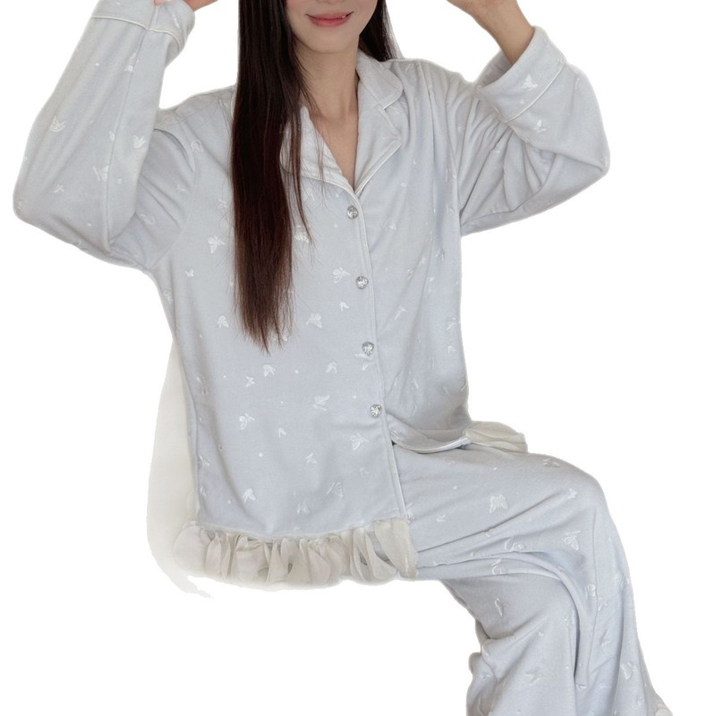 秋季新款海岛绒睡衣女蝴蝶压花双面绒韩式小清新简约家居服套装|undefined