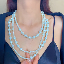 新潮韩版气质时尚大小珍珠间隔不规则长款多层叠带项链