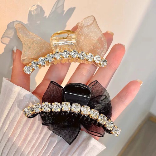 Xiaoxiangfeng double-sided bow tie clip mesh rhinestone claw clip bangs side clip ponytail booster artifact shark clip