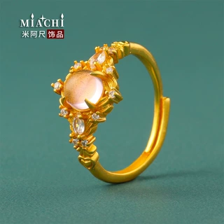 复古宫廷花叶粉色镶钻开口戒指古法沙金风可调节电镀食指戒饰品