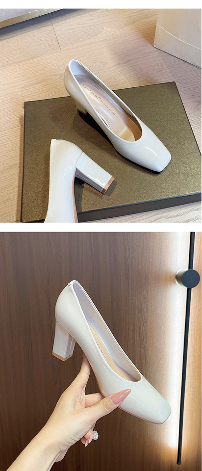 Giày cao gót nữ mũi vuông gót dày da sáng chế thanh lịch công sở, gót 6–8 cm — Màu trắng nhạt, rượu vang đỏ, đen chi tiết 8