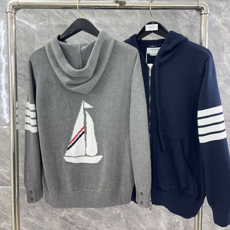 Factory Direct Sales Tb New Four-Bar Zipper Hooded Back Sailboat Embroider Loose Casual Long-Sleeved Knitwear Jacket Factory Direct Sales Tb New Four-Bar Zipper Hooded Back Sailboat Embroider Loose Casual Long-Sleeved Knitwear Jacket
