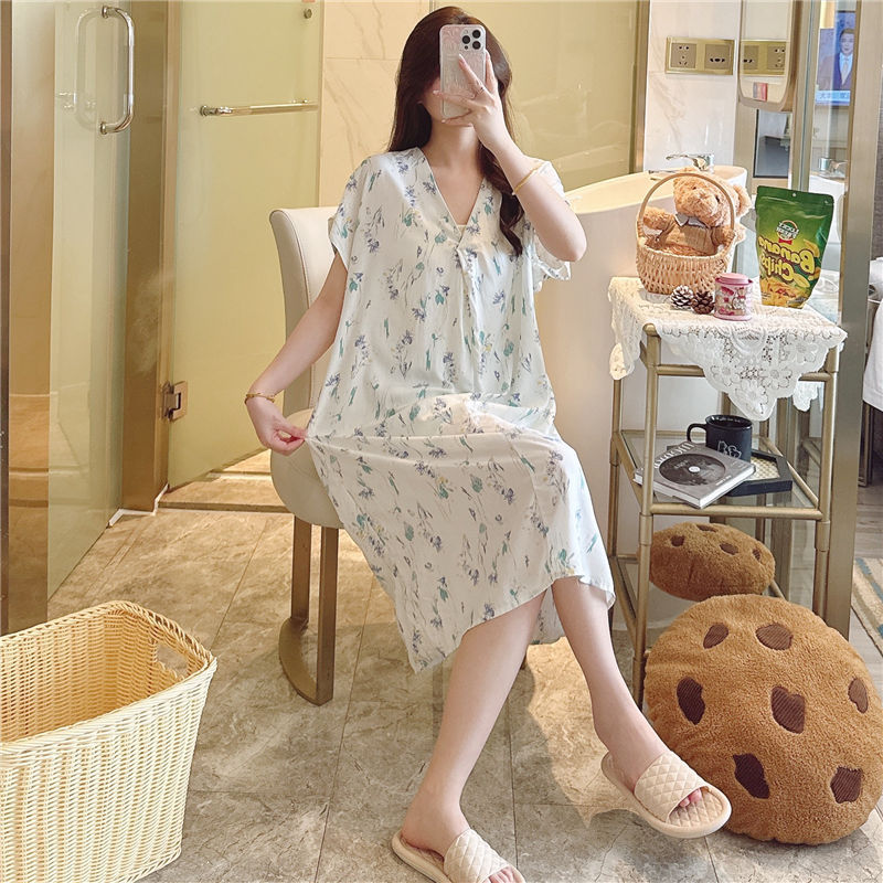 Camisón de seda de algodón para mujer verano nuevo Pijama estampado de dibujos animados de manga corta estilo coreano más tamaño ropa para el hogar suelta de seda de algodón delgada