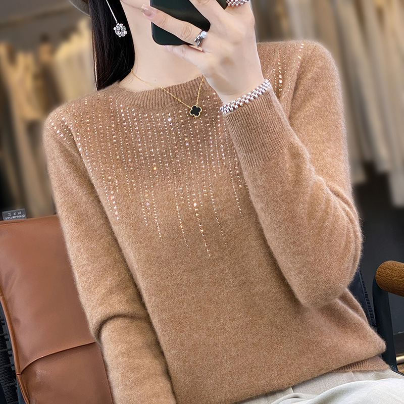 Ropa de primera línea sin costuras 2023 otoño e invierno nuevas mujeres cuello redondo Jersey de manga larga con lentejuelas camisa de fondo de punto Andy Velvet