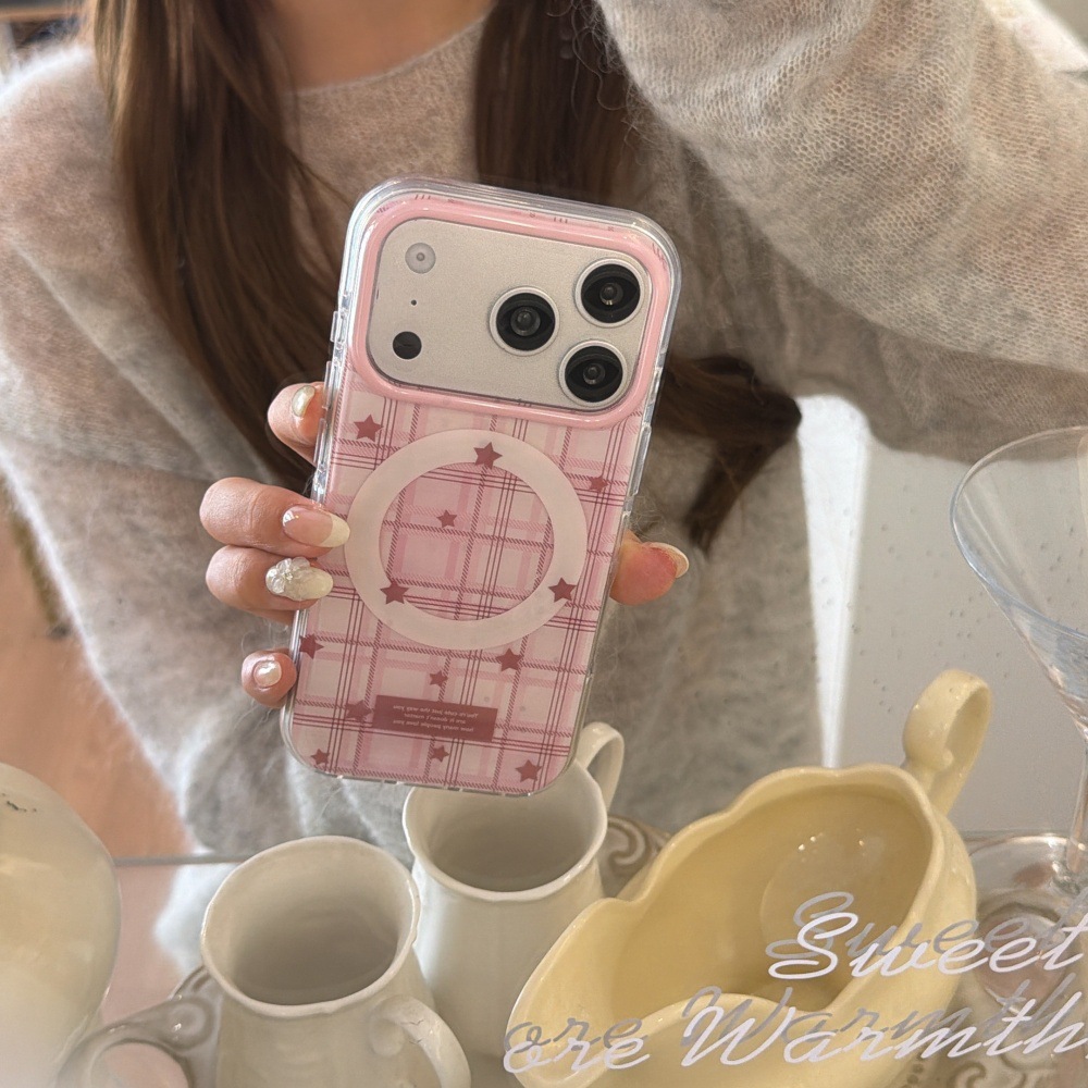 粉格纹星星手机壳适用苹果17/16PROMAX磁吸保护套iPhone15/14支架