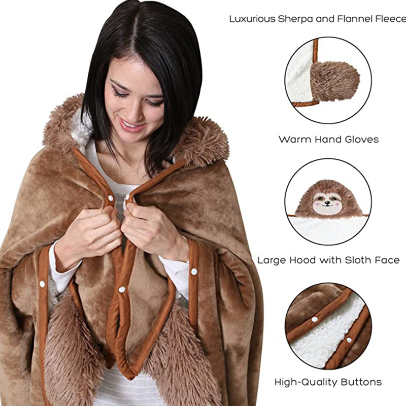 Blanket Cute and Soft Flannel Fleece Sloth Hooded Blanket Skin-friendly Full-length Thick Cloak Suitable for Lounging Walking
