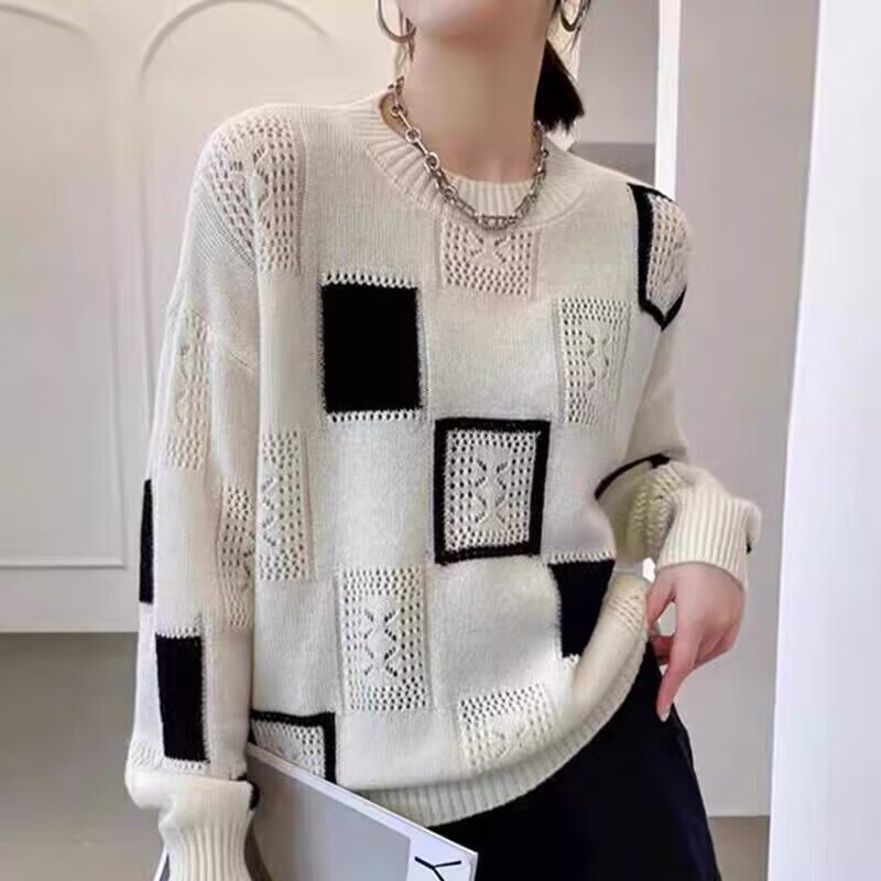 European Fashion Contrasting Plaid Long-Sleeved Knitwear for Women New Style Lazy Style Loose Round Neck Pullover Bottoming Knitwear European Fashion Contrasting Plaid Long-Sleeved Knitwear for Women New Style Lazy Style Loose Round Neck Pullover Bottoming Knitwear