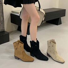 复古粗跟方头短靴女套脚五角星绒面马丁靴通勤网红跨境现货女短靴