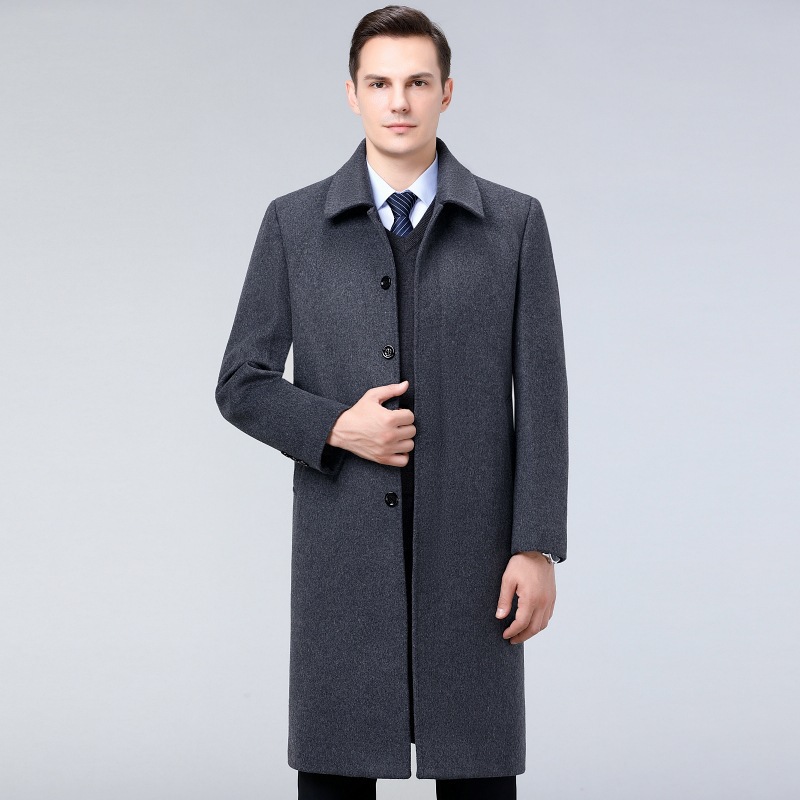 2025 Autumn/Winter New Business Men's Wool Coat, Thickened Fleece Lined Long Woolen Trench Coat for Middle-Aged and Elderly
