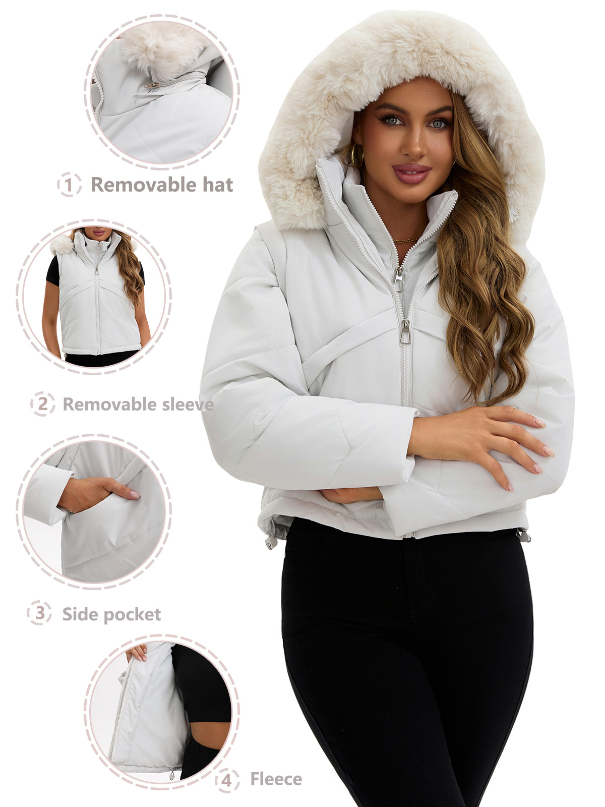 25 nueva moda falsa chaqueta acolchada de algodón de dos piezas chaleco de manga extraíble moda chaqueta acolchada corta de otoño e invierno chaqueta cálida con capucha
