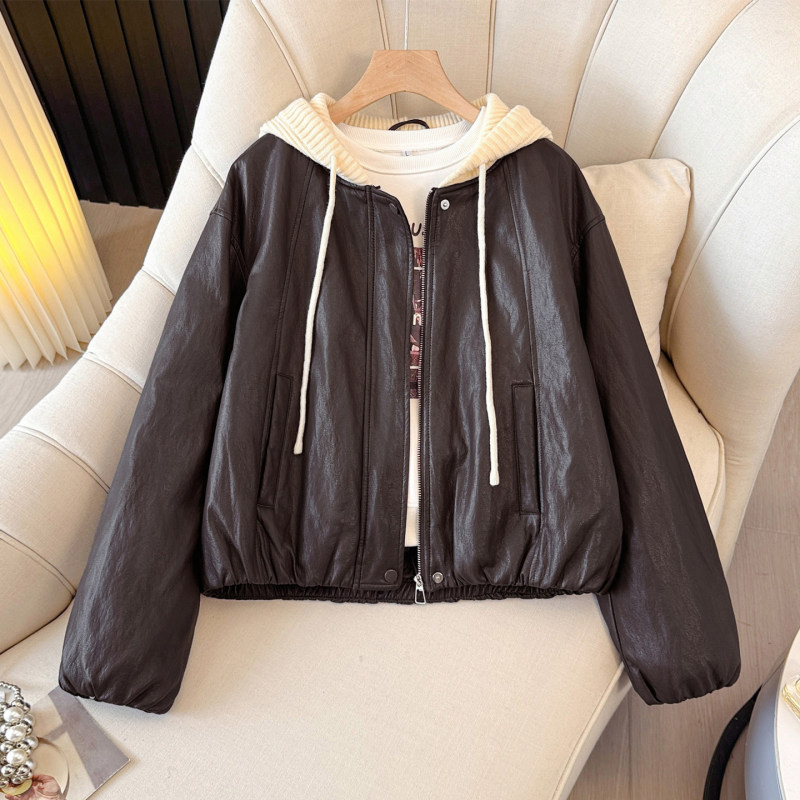Knitted Hooded Patchwork Pu Leather Jacket with White Duck down Lining for Women, 2026 Winter New Warm Short Coat