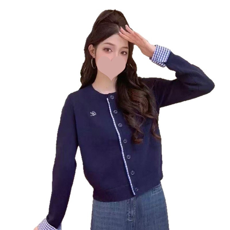 韩版显瘦圆领刺绣拼接格子针织开衫上衣女装外贸跨境毛织衫工厂|undefined