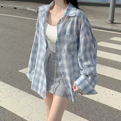 慵懒风复古长袖蓝色格子衬衫设计感宽松休闲春秋polo领上衣外套女