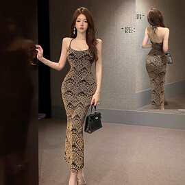 18826 欧美跨境外贸女装轻奢金丝挂脖露背连衣裙收腰紧身包臀长裙