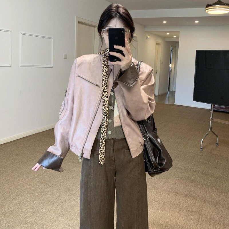 美式复古酷飒风撞色pu皮衣外套女秋季独特超好看廓形休闲夹克上衣|undefined