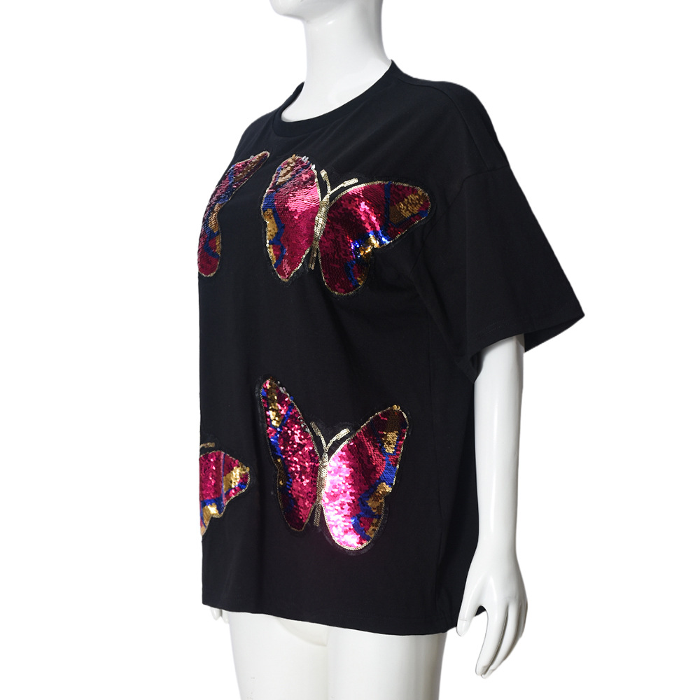 Women Clothing Personality Street Sequin Embroidered Crew Neck Short-Sleeved T shirt Women Top