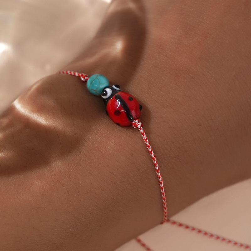 Cross-border 3mm copper beads synthetic turquoise ladybug red and white cotton rope bracelet woven Greek martis bracelet