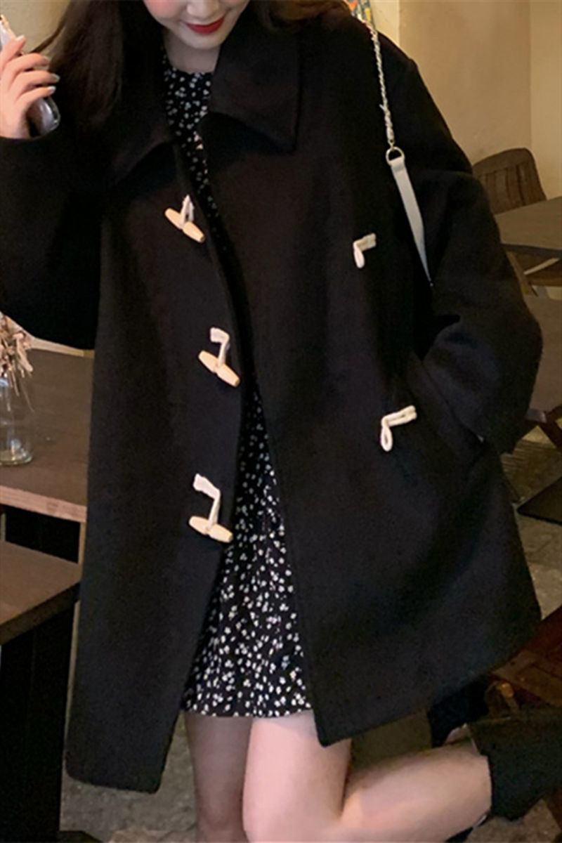 Autumn and Winter New Korean Style Loose Elegant Horn Button Woolen Outwear Small Mid-Length Black Woolen Outwear for Women