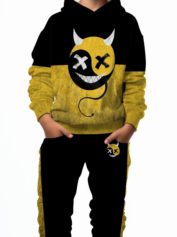 Boys' Plaid Fleece-Lined Hoodie and Sweatpants Set - Stylish Devil Print, Long Sleeve, Autumn