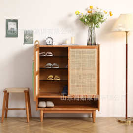 海贻家具鞋柜樱桃木玄关家用大容量收纳藤编透气橡木北欧实木鞋架
