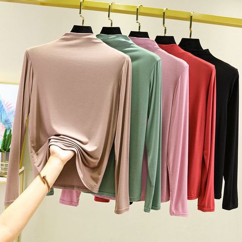 Spring and Summer Bit Cotton High Collar Long Sleeve T-Shirt Loose Women's Top Korean Version Thin Color Base Shirt Large