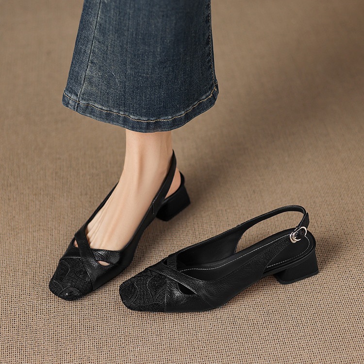 Sandal cao gót nữ hở mũi da cừu lưới phối màu quai ngang khóa — màu đen, màu trắng ngà chi tiết 53